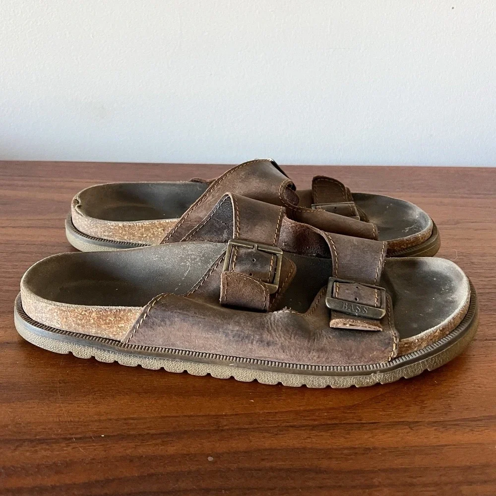 G.H. Bass Leather Double Buckle Sandals Brown Slide Comfort Italy‎ Men's 12